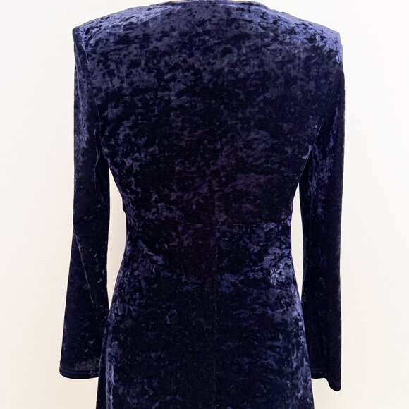 Vintage 90s Long Sleeve Dark Blue Crushed Velvet Empire Waist Dress Size 8 - Picture 5 of 14